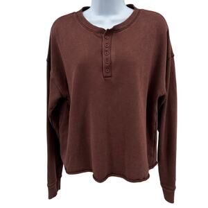 Aerie Henley Top WMNS M Cinnamon Brown Long Sleeve Pullover Raw Edge Ribbed Cuff